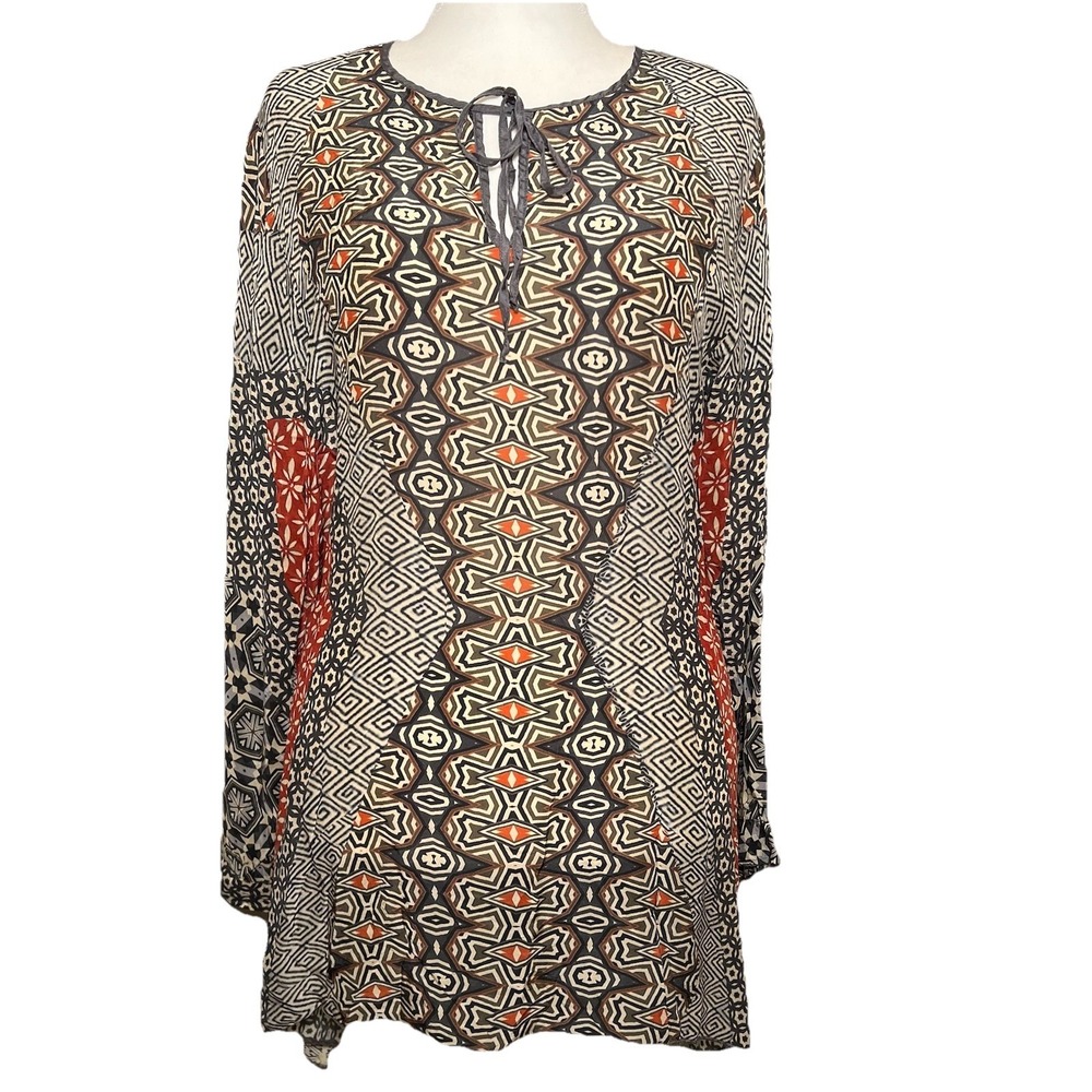 Johnny Was Breeland Geo Printed Tie Front Tunic Indie Boho Beach Lightweight L